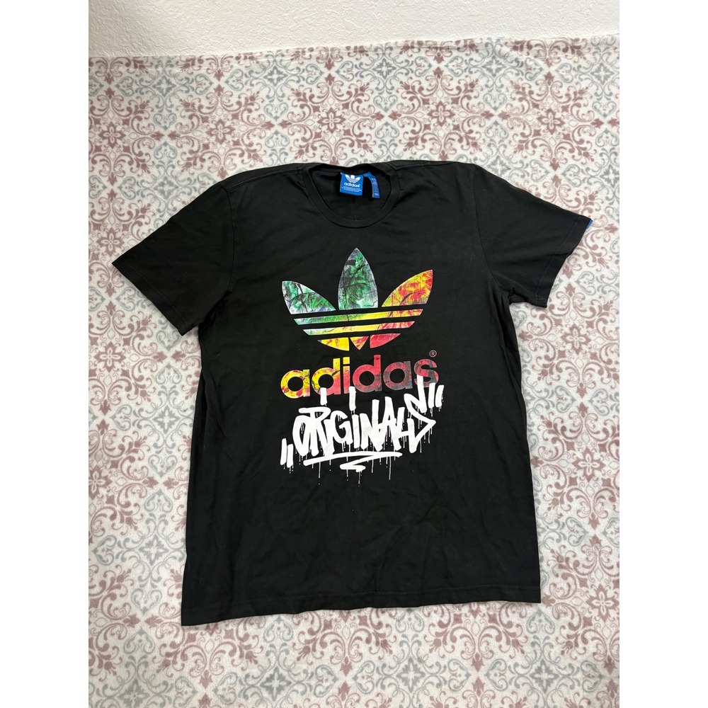 Adidas Originals Mens XL Black Trefoil Tropical Graffiti Logo T-Shirt SS
